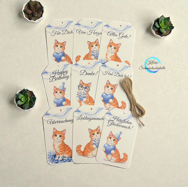 Katze orange - 9-teiliges Geschenkanhänger-Set verschiedene Motive