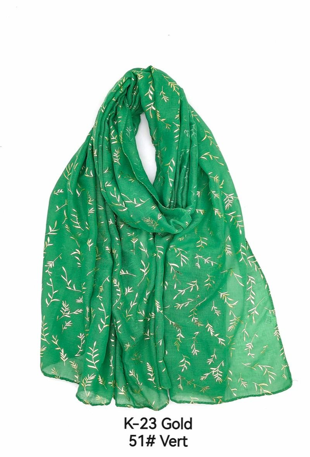 *FOULARD VERT FEUILLES DOREES