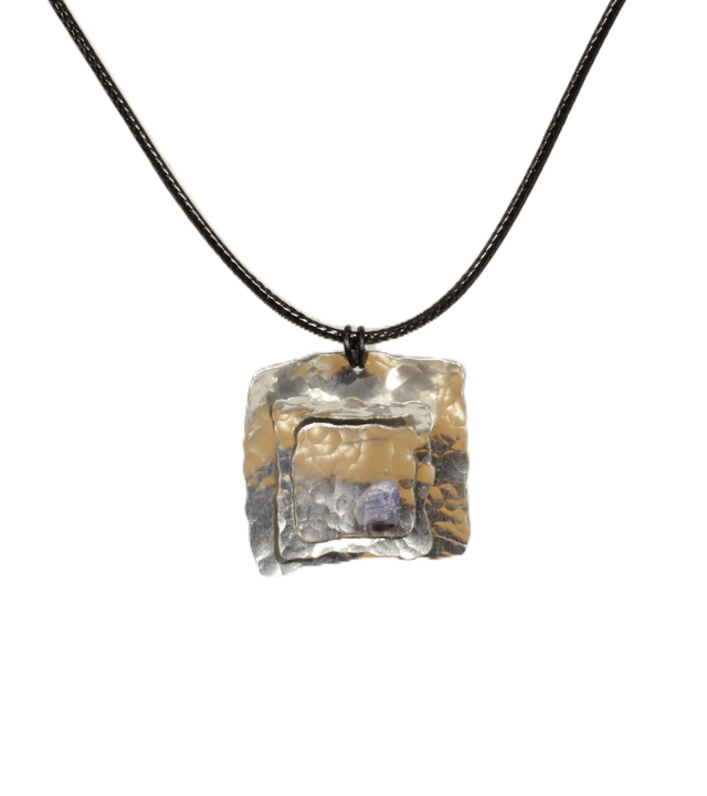 Hammered Square Pendant with Lapis Lazuli Stone Chip