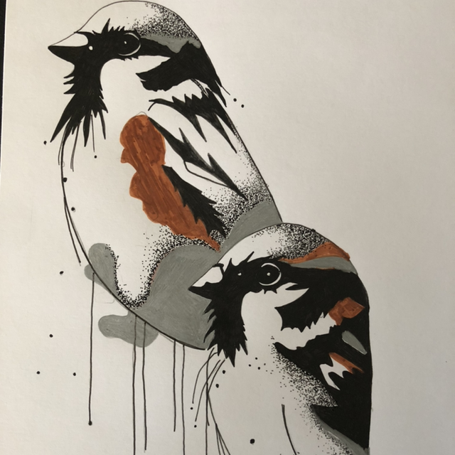 Oiseaux en duo - 21 x 27 cm - encadrement noir &amp; bois 