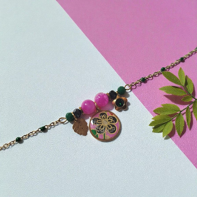 bracelet acier inoxydable motifs japonais rose fuchsia noir vert et doré