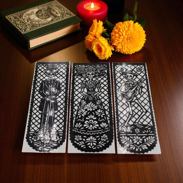 Marque-pages Linogravure &quot;Papel picado&quot; - Trio (Catrin, Catrina, Musicien)