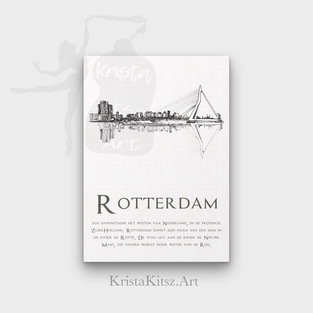 Skyline Rotterdam Havenstad tekst tekening |  A5 of A4 formaat | liggende print | pen tekening
