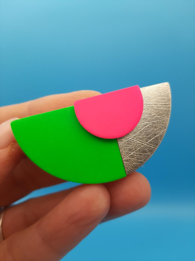 Leather brooch - green / pink / gold