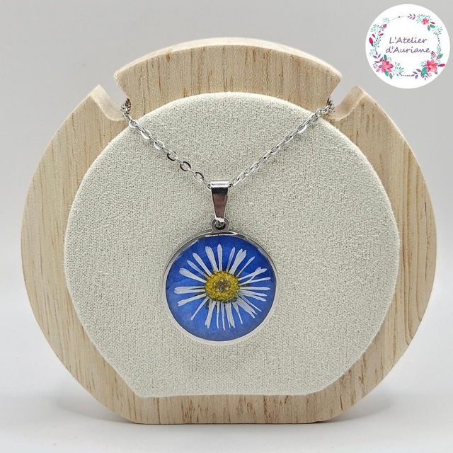 Collier "Pâquerette bleu" argenté