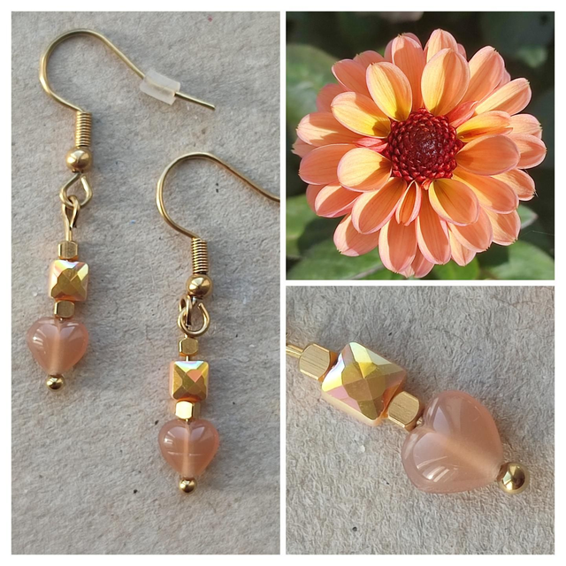 Boucles coeurs et verre nacré rose/ orange, acier inoxydable doré -sans nickel, pièce unique 