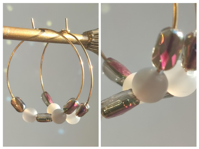 Créoles agate grise, verre  et hématite doré, acier inoxydable doré pièce unique sans nickel 