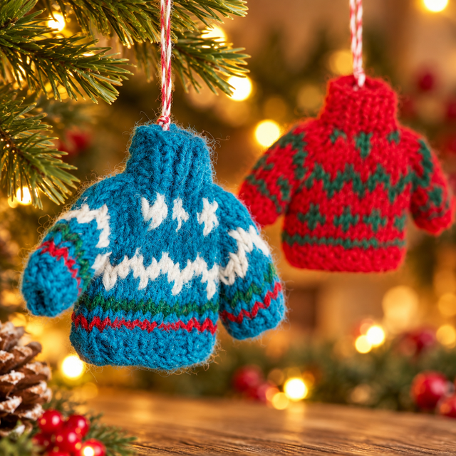 Knitted Christmas Jumper Hanging Decorations – Blue or Red – 9cm