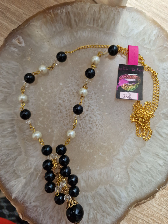 Collier Sautoir Grappe Doré Noir Et Blanc Cristal