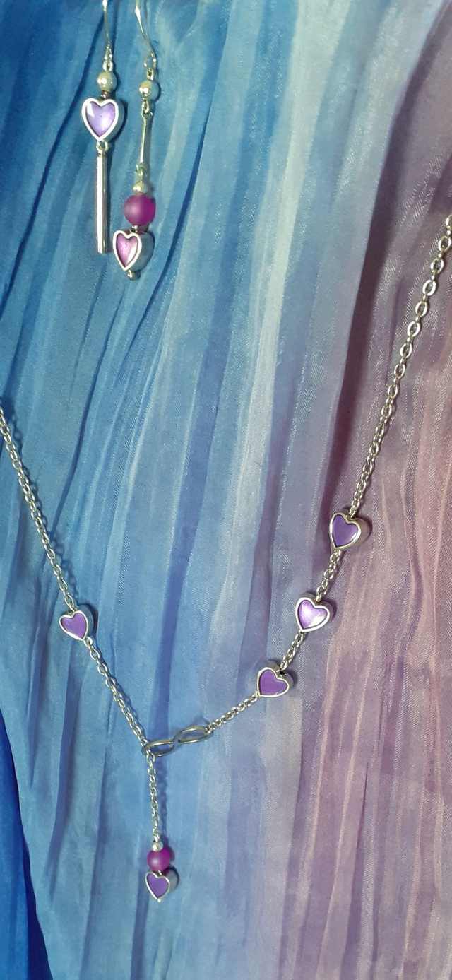 Parure argentée, Serce Collier & Boucles d'oreilles asymétriques & Bracelet, petits cœurs et perle violette