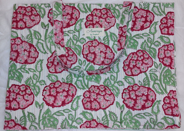 Grand sac cabas rose, vert et blanc en coton imprimé à la main au block print - Doublure en coton rayé - Tote bag - Confectionné en Inde