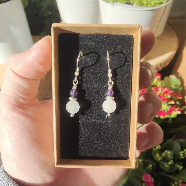 Boucles d&#039;oreilles &quot;Harmonie&quot; Double : Pierre de Lune et Améthyste 