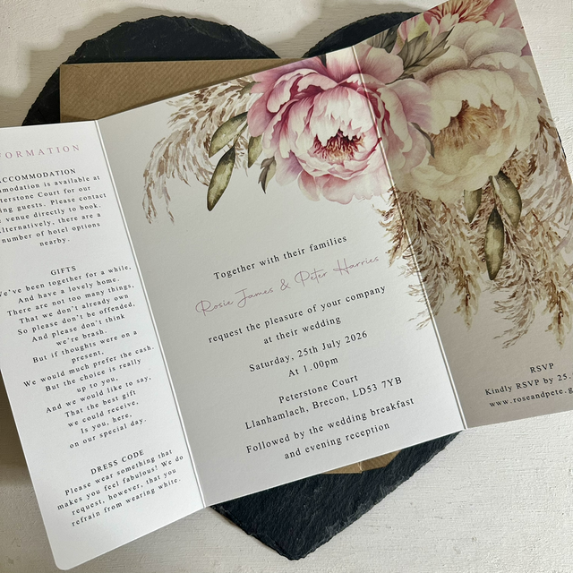 Pampas grass and blush florals - Gatefold Wedding invitation