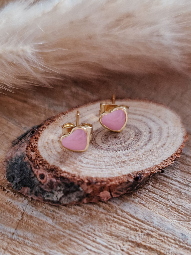 Boucles d'oreilles puces "Petits cœurs" - Modèle doré et rose