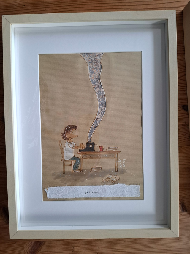 "Je t'aime" -  Dessin format A4 sur papier - cadre 32x42 - frais de port compris pour la France