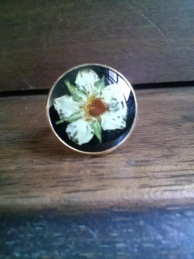 Bague réglable forme ronde couleur or avec inclusion d'une fleur séchée 