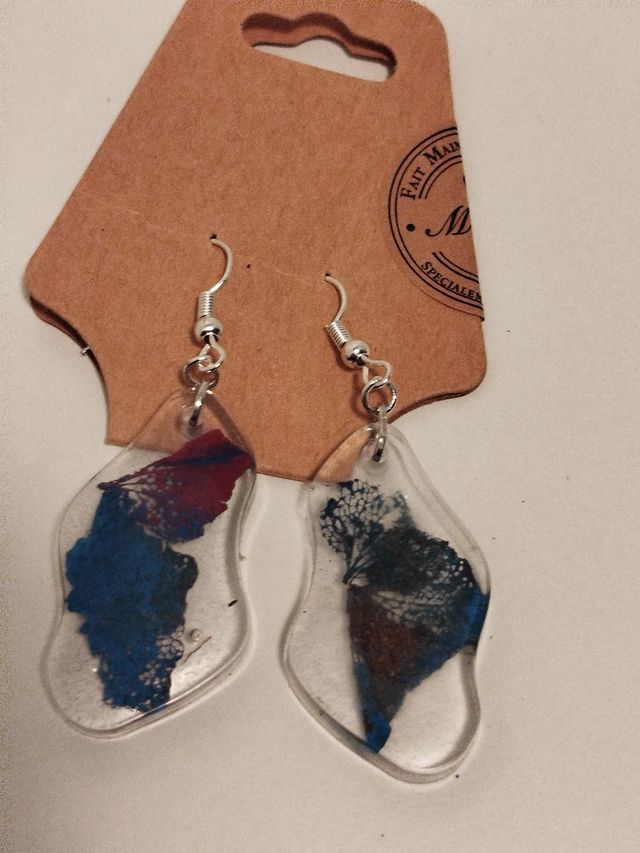 Boucle d'oreille vague grand modèle hortensia bleu et rose 