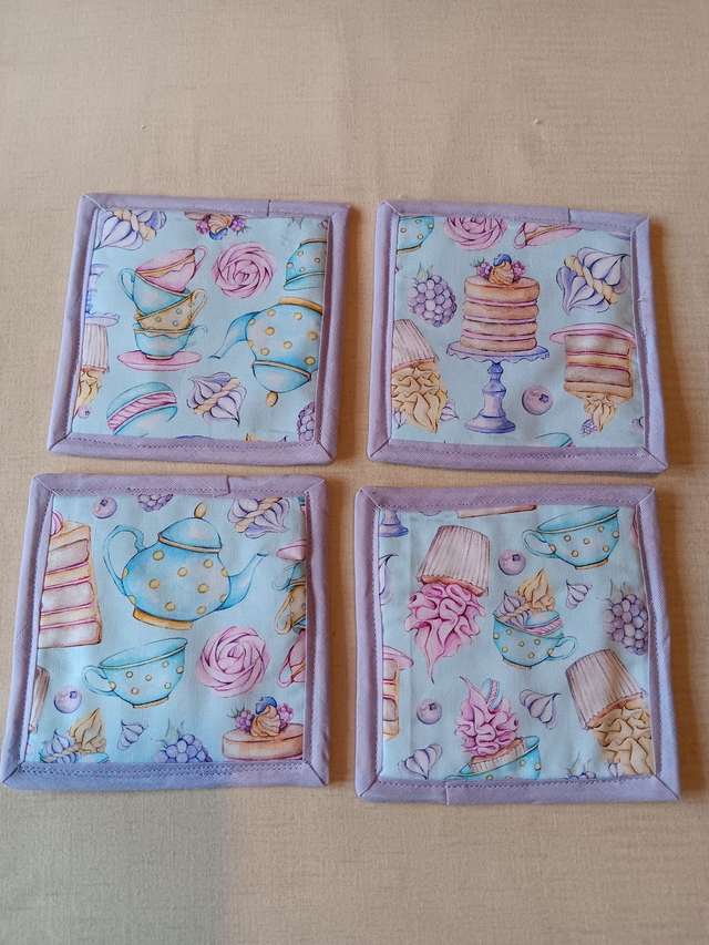 Set of 4 Coasters Three Wishes Tea and Cake patterned cotton fabric