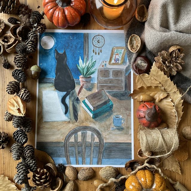 Le chat au clair de lune - carte postale