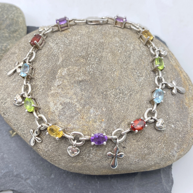REFURBISHED Multi-coloured Gemstone Sterling Silver Charm Bracelet 7"
