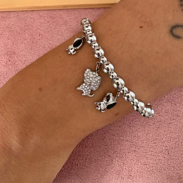 Bracciale Sfere e Cagnolini Pendenti Rigido Silver 