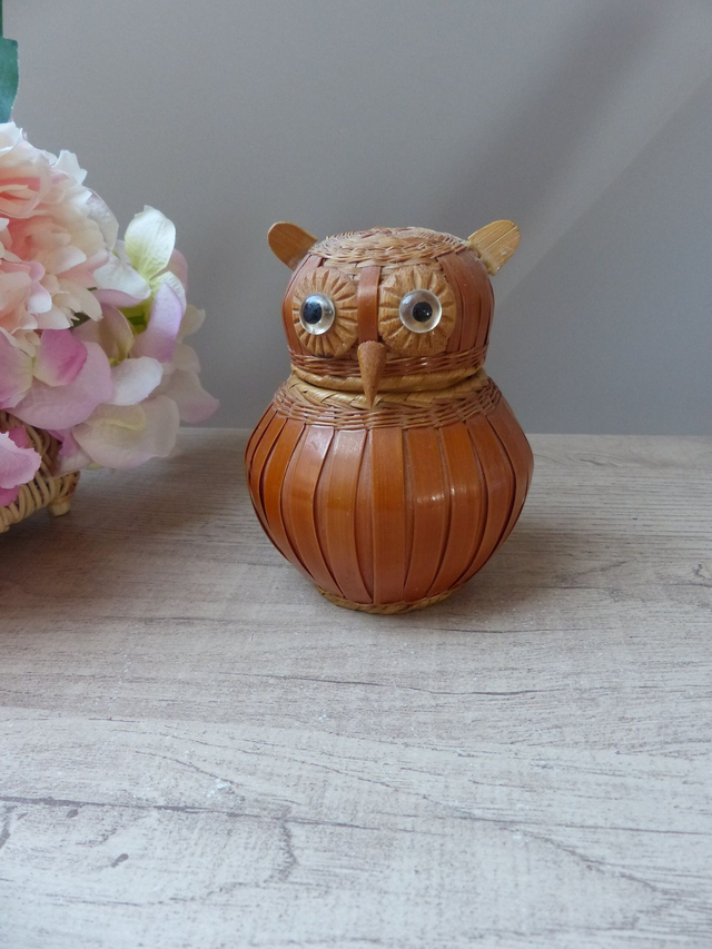 Petit Panier Boite Chouette Hibou en Bois et Osier fait Main Vintage 1970, Boite à bijoux, Boite à secrets, Décoration maison campagne boho