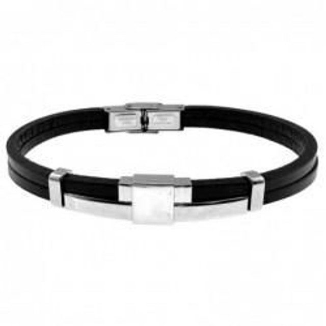 Bracciale uomo in cuoio nero con inserti in acciaio 