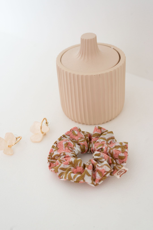 Chouchou scrunchie block print indien - rose