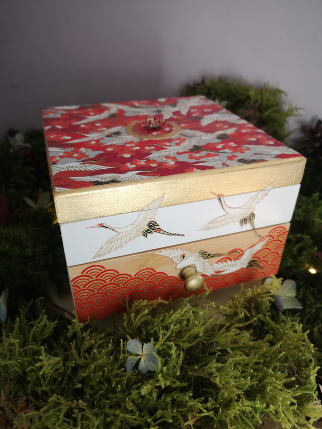 Boîte à bijoux - bois - papier washi - feuille de dorure - vol de grues - La&amp;Titia 