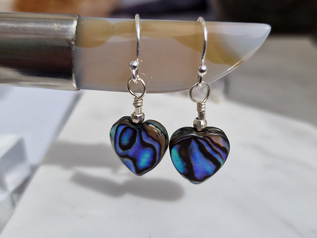 Abalone (Paua shell) Heart with recycled 925 silver drop earrings. 1 x Pr. Each pair will be unique due to the shell being natural.