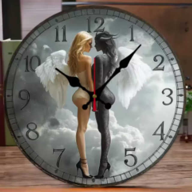 Ronde wandklok van hout Angel &amp; Demon (25cm)