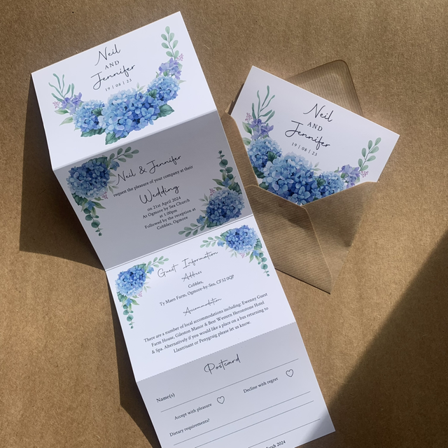 Blue hydrangea design - concertina wedding invitations - including guest information &amp; tear off RSVP postcard
