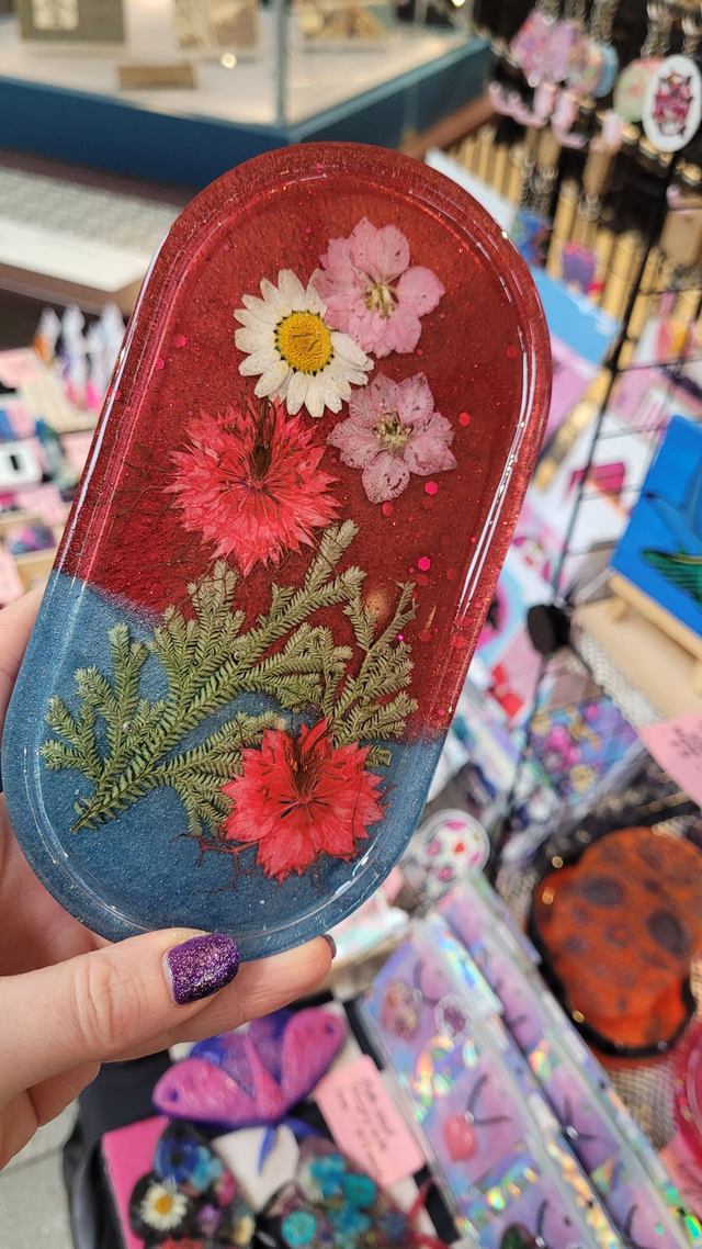 Trinket Tray - Dried Flowers, Red and Blue Glitter Blend