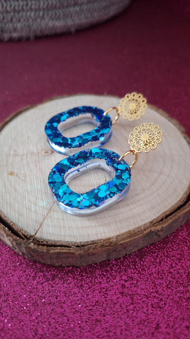 Boucles d'oreilles ovales paillettes bleues 