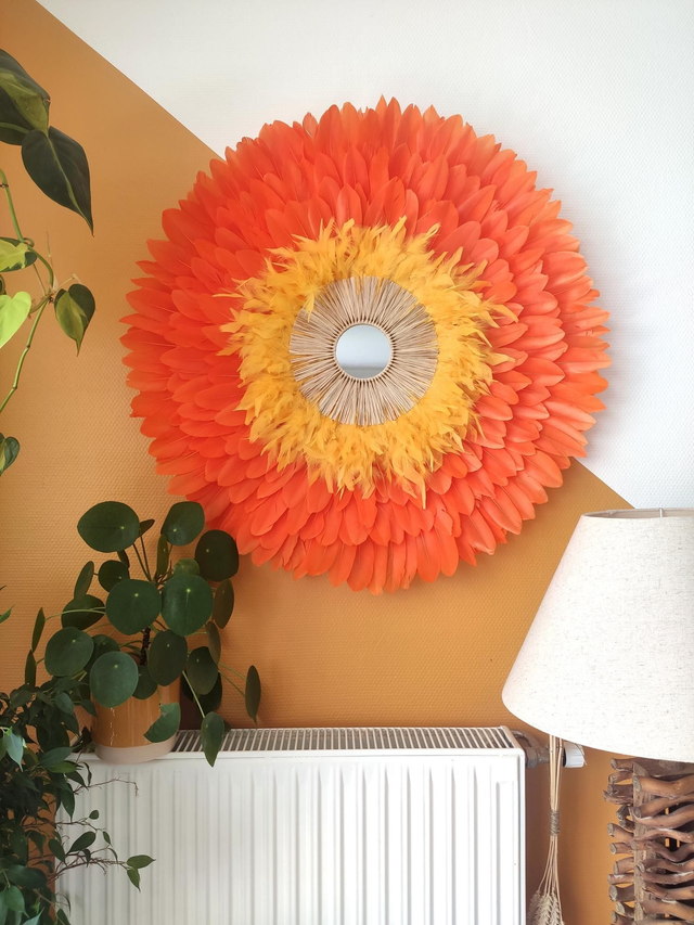 Jujuhat plumes oranges et jaune et raphia naturel