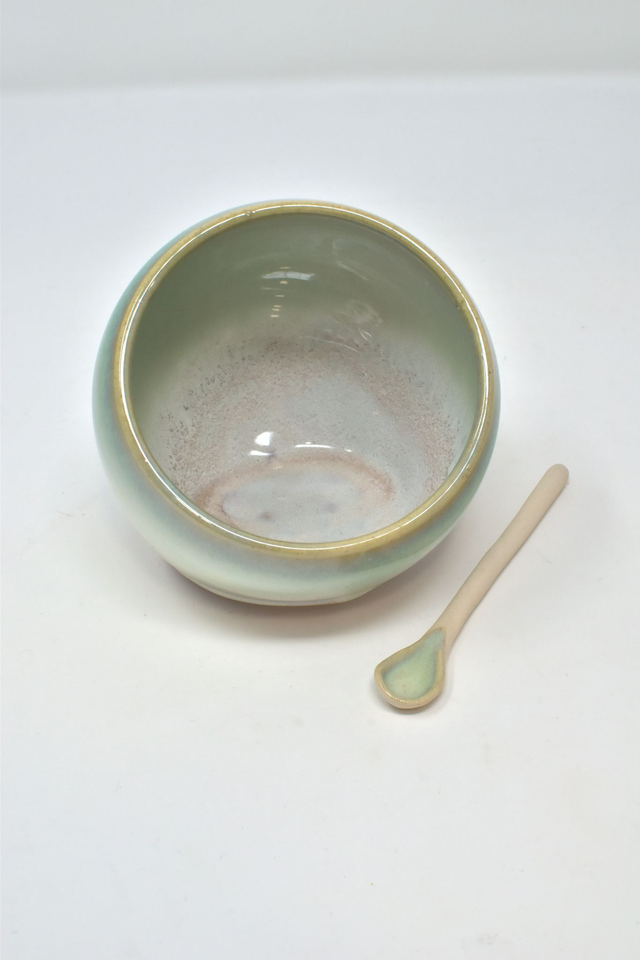 Salt Pig and Spoon - White Stoneware Coastline Green