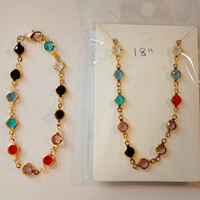 Ladies Handmade Gold Coloured &amp; Mixed Coloured Glass Bead 18" Necklace &amp; 7 1/2" Bracelet Set
