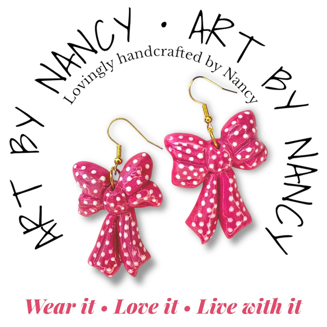 Handmade cutie pink bow earrings - Art by Nancy