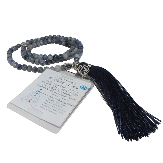 Mala ketting 108 kralen Derde Oog Chakra Ajna Blauw Sodaliet Edelsteen