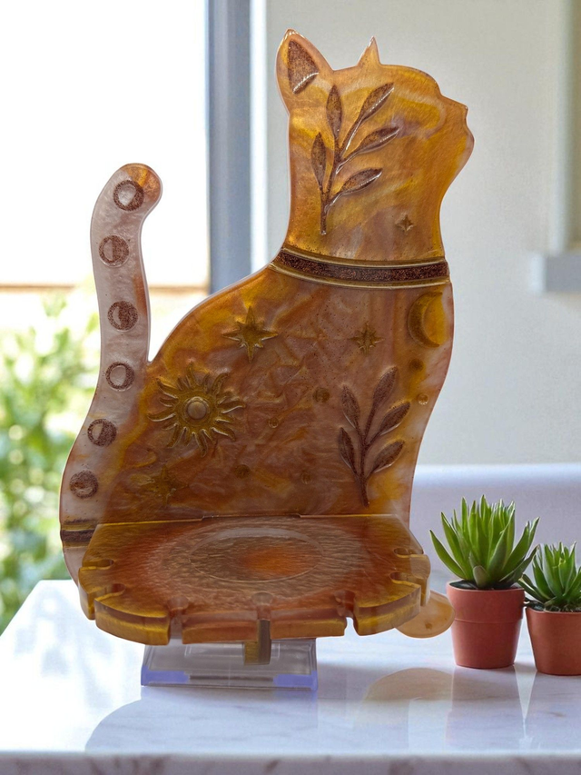 Brown Cat Candle Holder with Celestial Moon Stars Design, Handmade Resin Tealight Stand for Spiritual Boho Altar or Cozy Home Decor