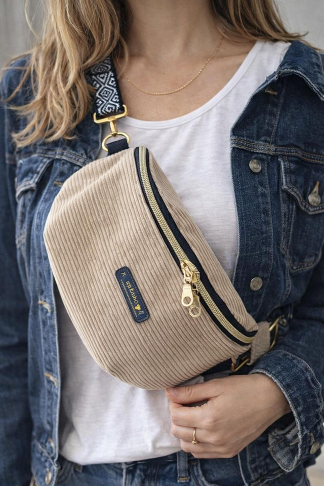 Sac Banane en Velours Côtelé Beige 