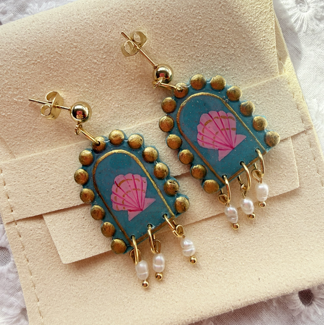 Pink Seashell Teal Glittery Arch Shaped Earrings with Rice Pearls