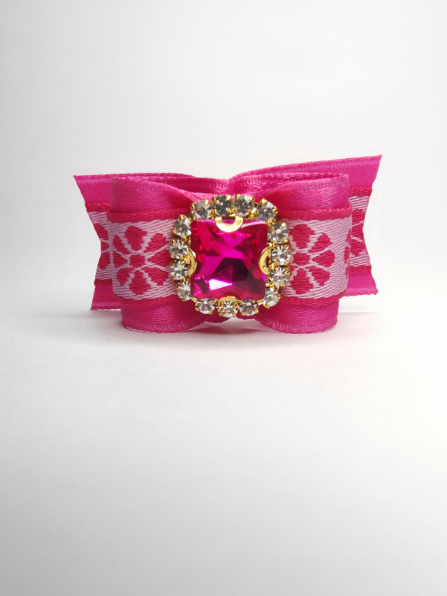 Noeud pour chien fantaisie-rose-fleur-strass
