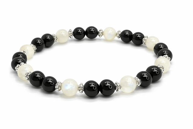 Bracelet onyx noir et pierre de lune crème 6 mm