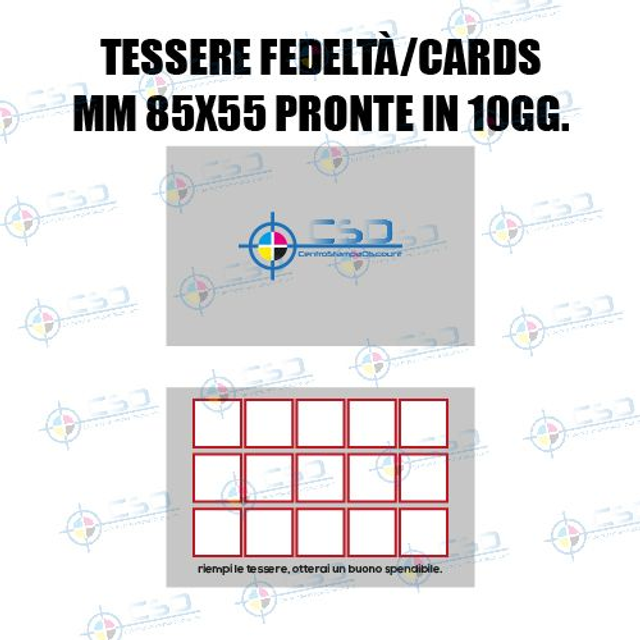 Tessere cartoncino mm. 85x55 pronte in dieci giorni: stampa quadricromia bifacciale, carta 300 grammi, a grana grossa non calandrata (prezzo con IVA)