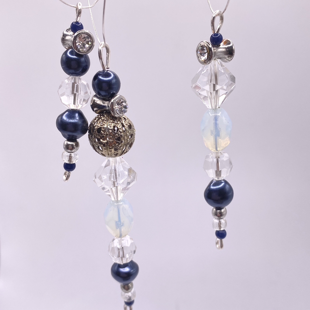 UPCYCLED Icicles x 3 Christmas Decoration Set Navy, Clear and Silver tone vintage beads