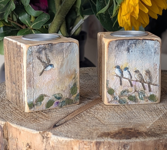 Birds - evening fall - Set of Two Tealight Holders Reclaimed Wood