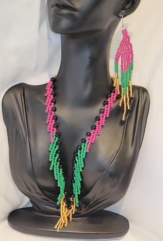Beaded necklace and earring set( pink,gold,green,black)