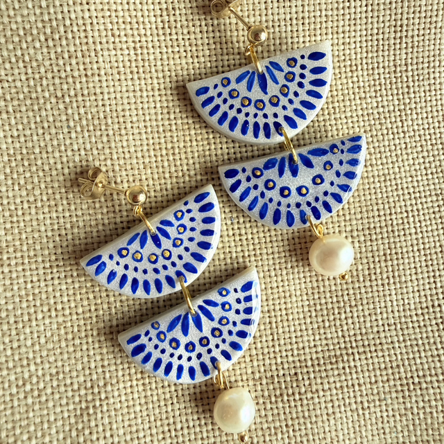MARINA - Blue and White Pearl Statement Earrings