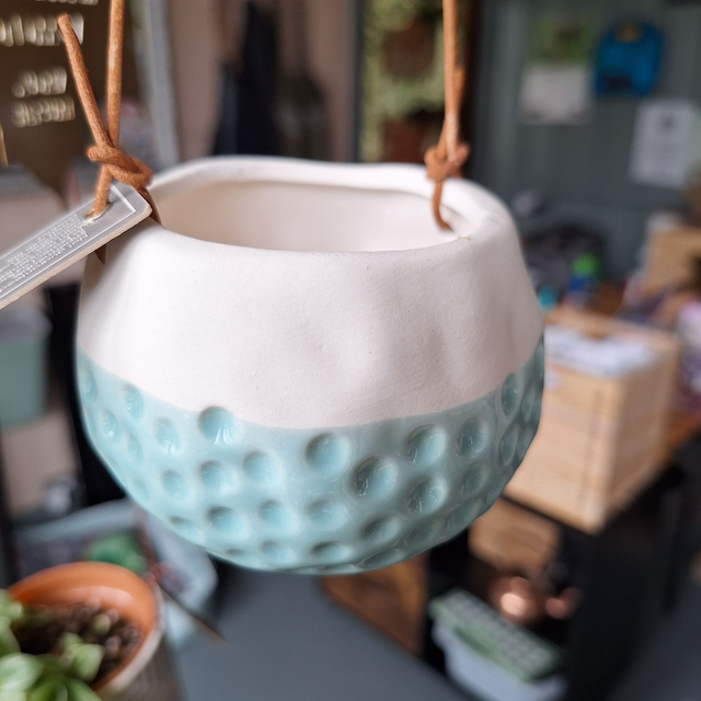 Hanging pot (baby dotty) - duck egg and stone two tone by Burgeon and Ball